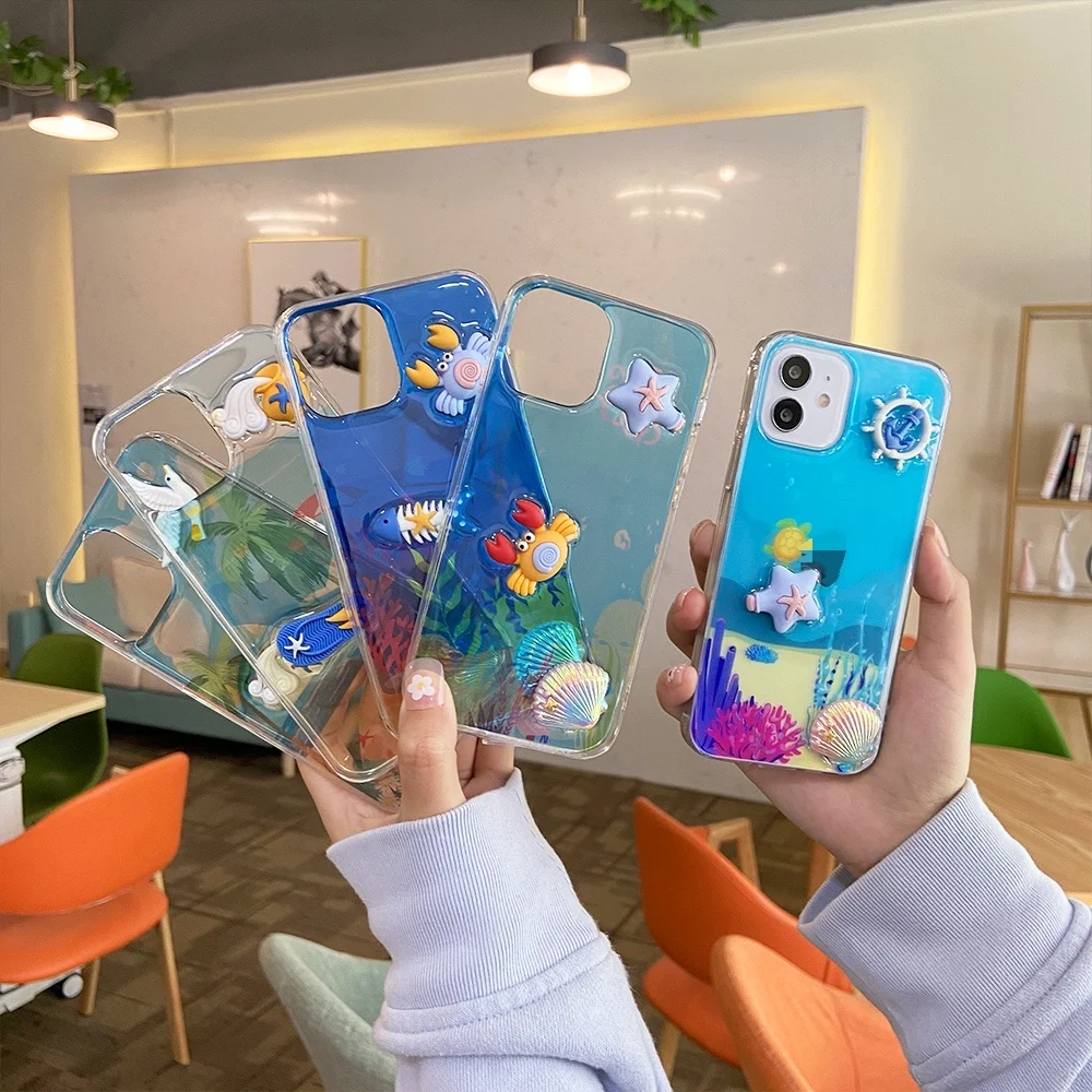 

For iPhone 11 Pro Max XR Xs Max 6 7 8 Plus 3D Funny Cool Epoxy Glue Embossed Blue Ocean Designs Phone Case Cover