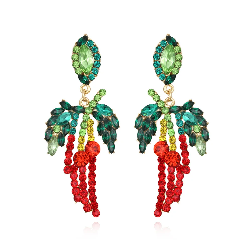 

Exaggerated Glass Color Diamond Coconut Tree Earrings Personality Creative Alloy Diamond Fruit Earrings, Like picture