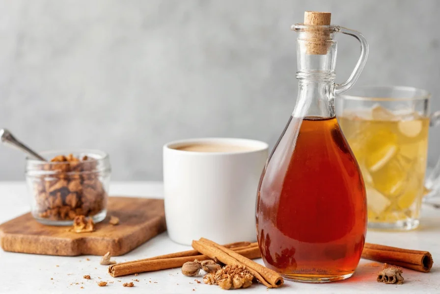Glass bottle of cinnamon syrup next to coffee cup, cocktail glass, and baking ingredients showing multiple usage scenarios