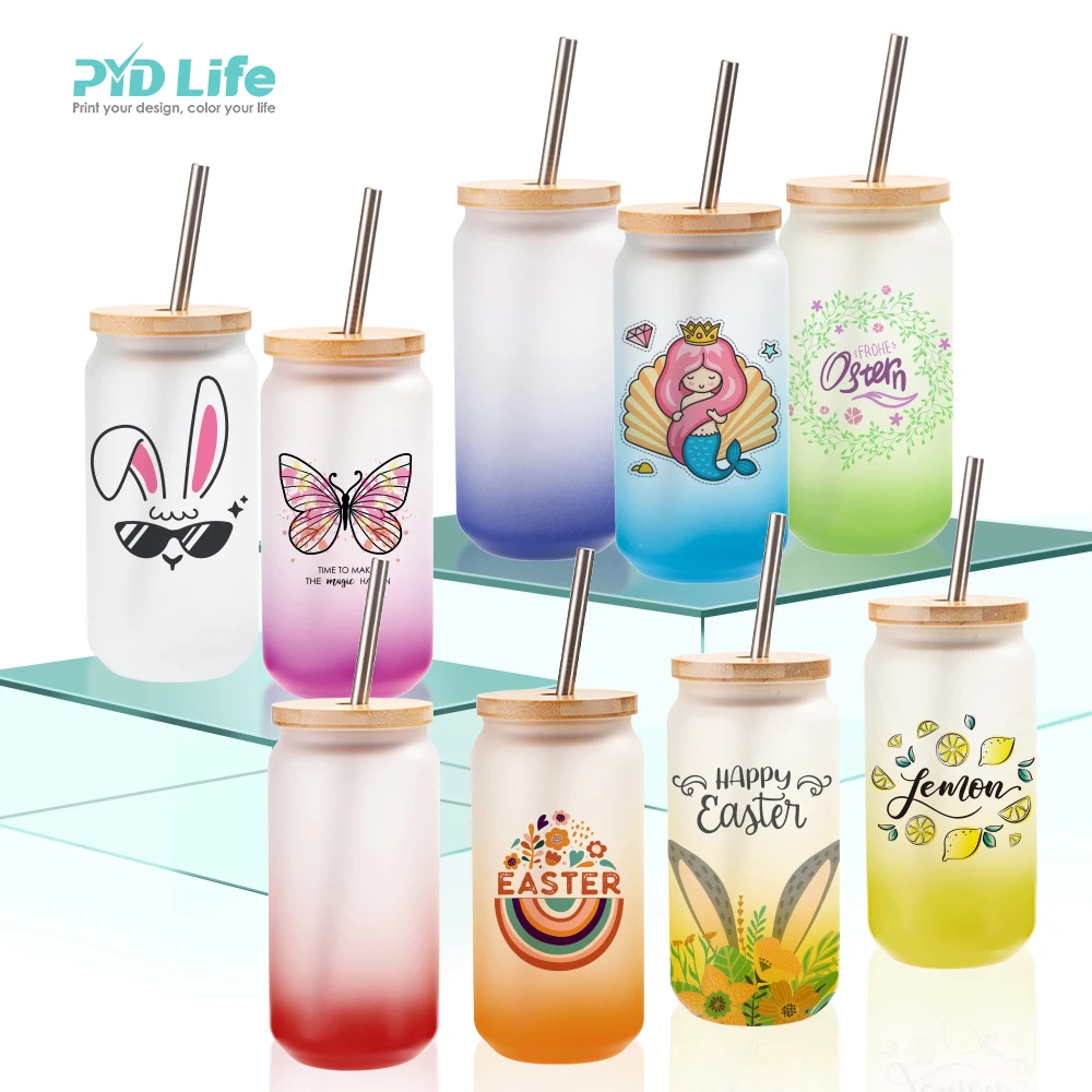 

PYD Life Gradient Color 16-18oz Glass Beer Can Shaped Glass Sublimation Can Cups with Bamboo Lid and Straw, 8 colors