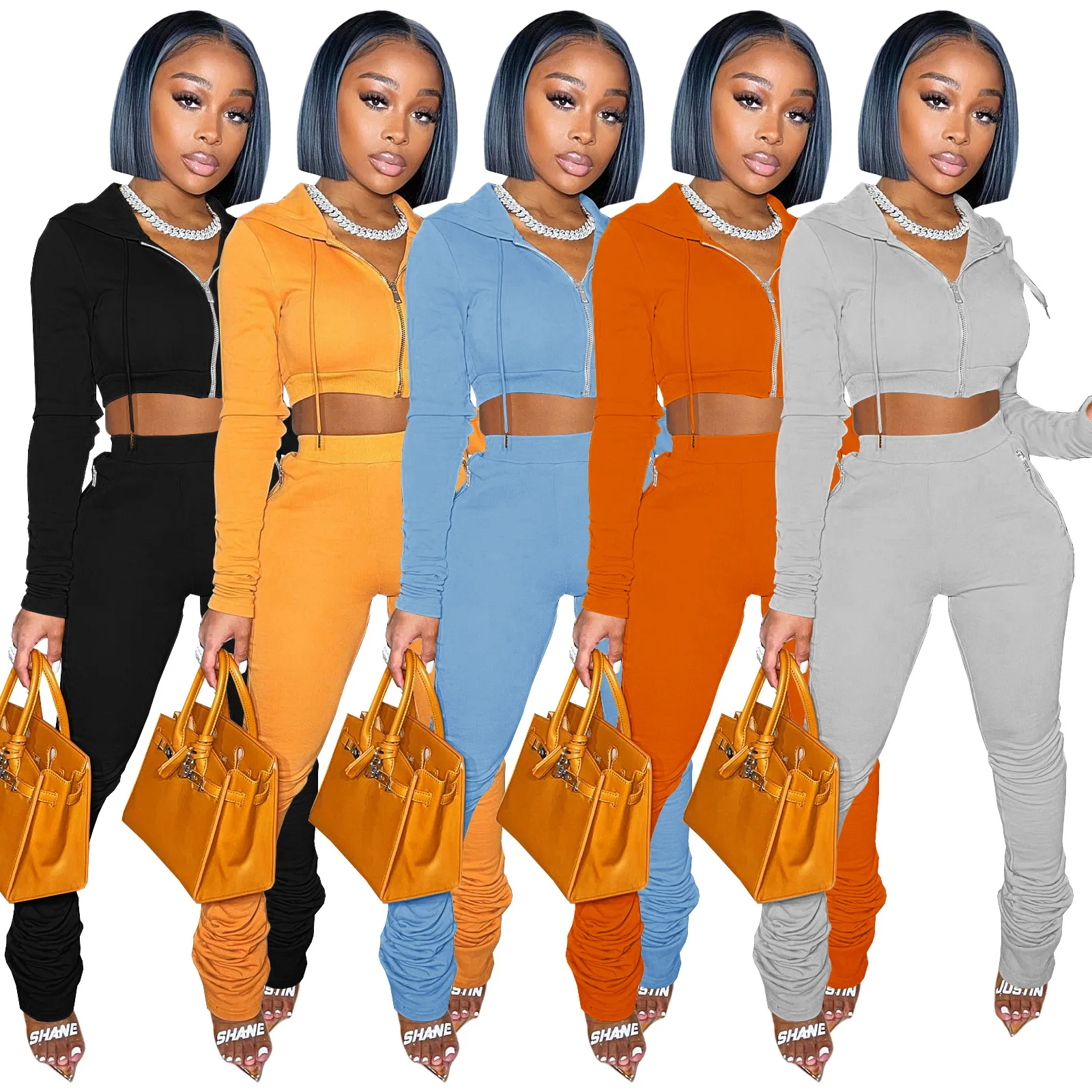 

2021 Women 2 Piece Thick Pant Sets Joggers Zipper Tracksuits Long Sleeve winter Two Piece Stacked Pants Trousers Sets, Picture color