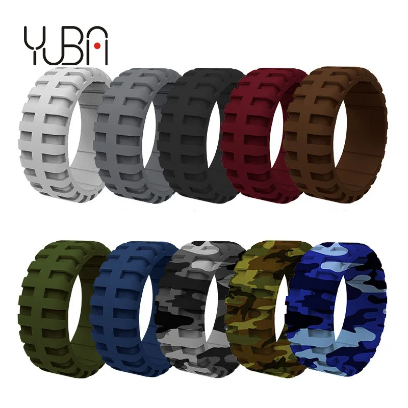 

9MM Wide 10 PCS Rings Set Tire Tread Design Rubber Wedding Silicone Bands for Men Breathable Unique Design Comfort Fit Mens