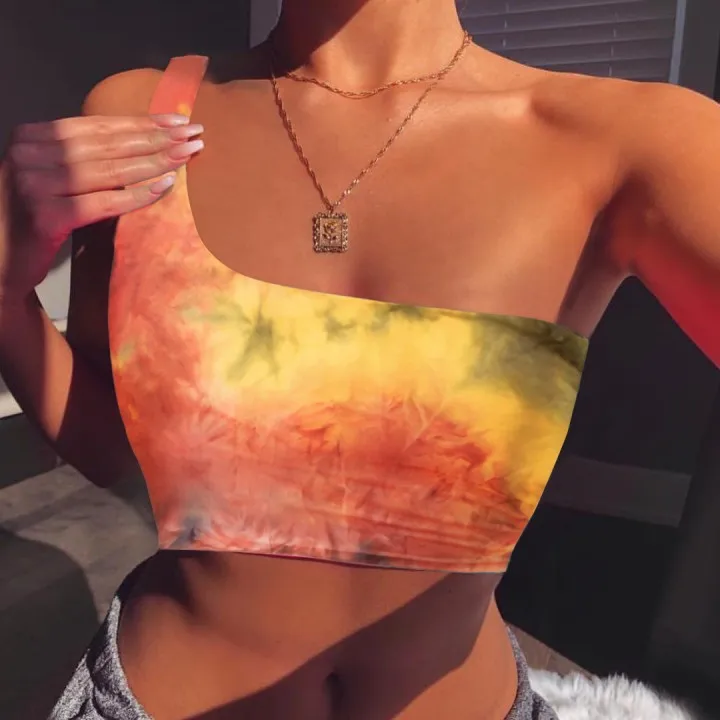 

Womens One Shoulder Crop Top Tie Dye Wrapped Chest Crop Top