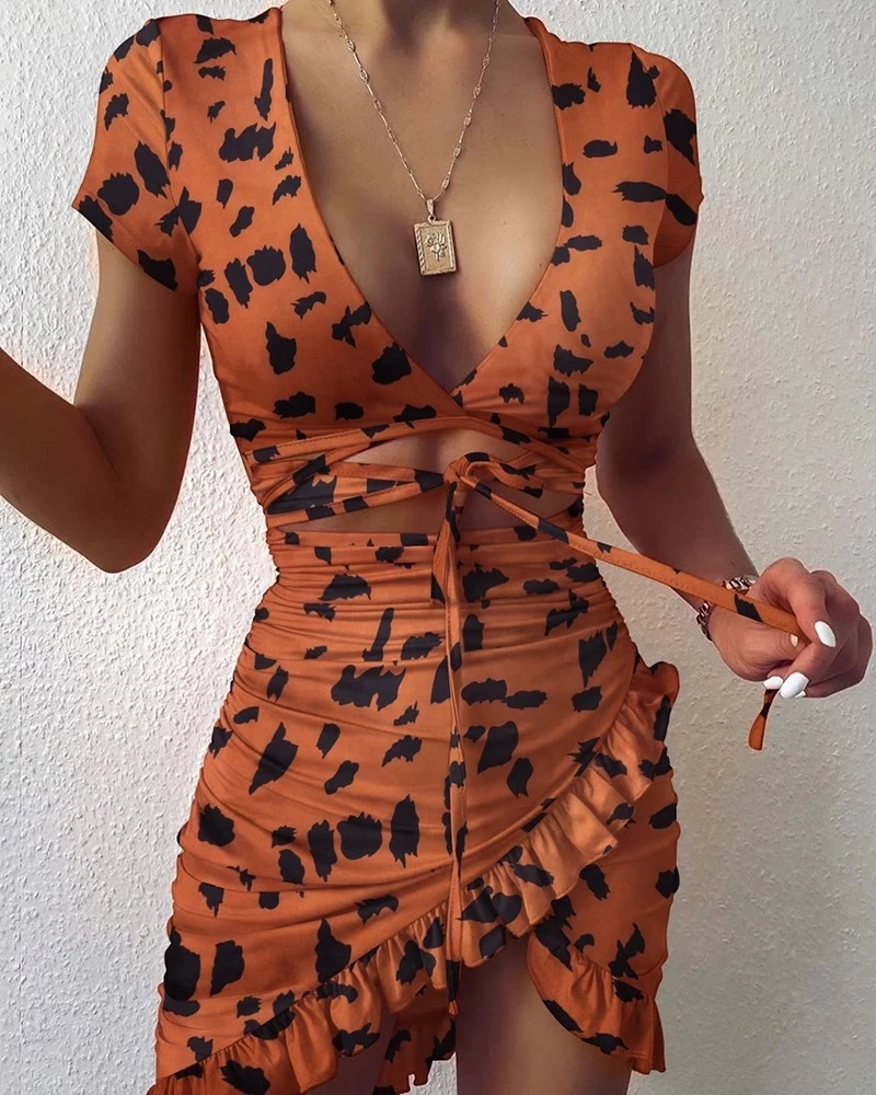 

coldker Women Summer Ruffles Cut Out Design Leopard Print Dress Elegant Fashion V-neck Party Mini Dress Ladies Holiday Beach, As show