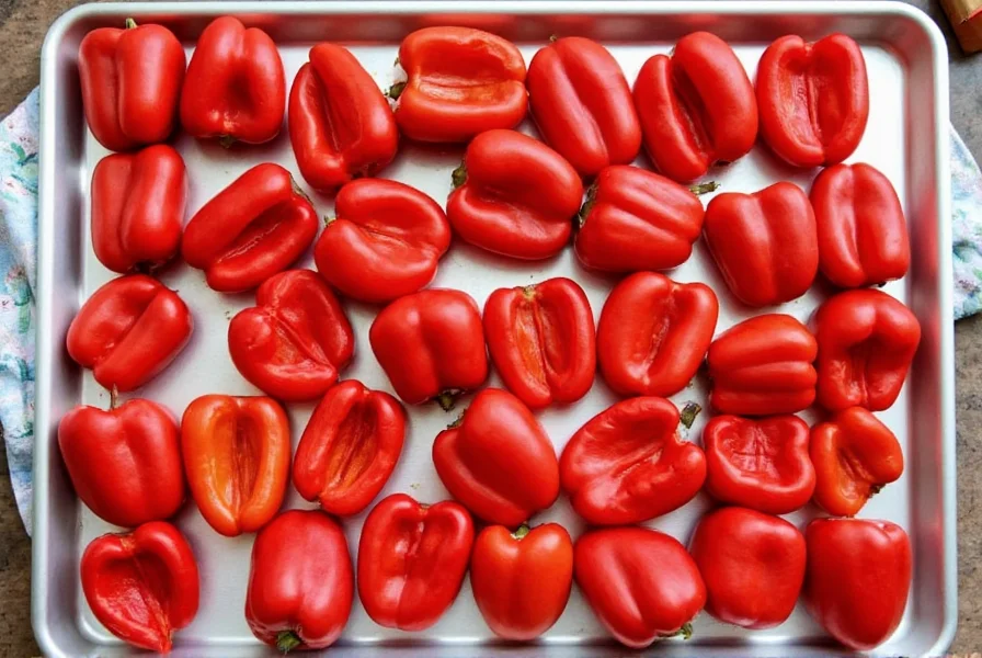 Whole red bell peppers arranged on a baking sheet ready for oven roasting