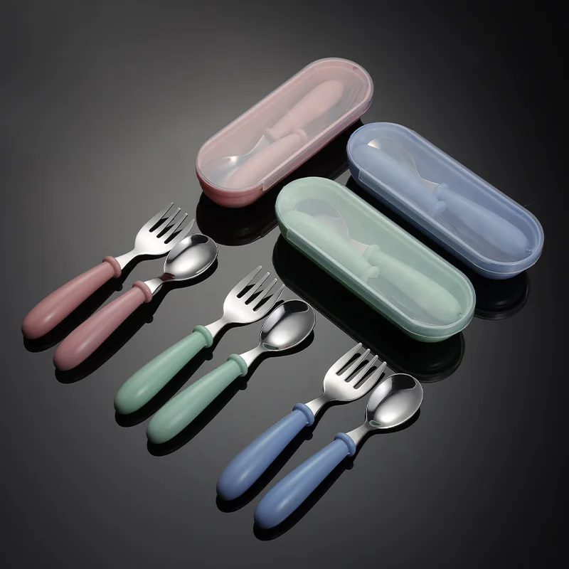 

children cutlery set utensils 304 stainless steel tableware kids fork and spoon with case, Green,pink,blue