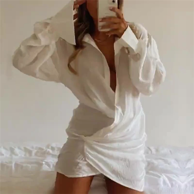 

DUODUOCOLOR White cotton and linen sexy v neck dress women long slevee shirt hot style net red clothing D97619