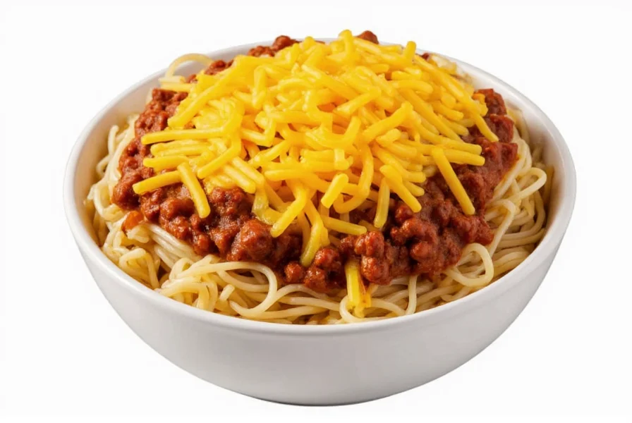 Properly prepared Skyline Chili 3-way with spaghetti, chili, and melted cheddar cheese in a white bowl