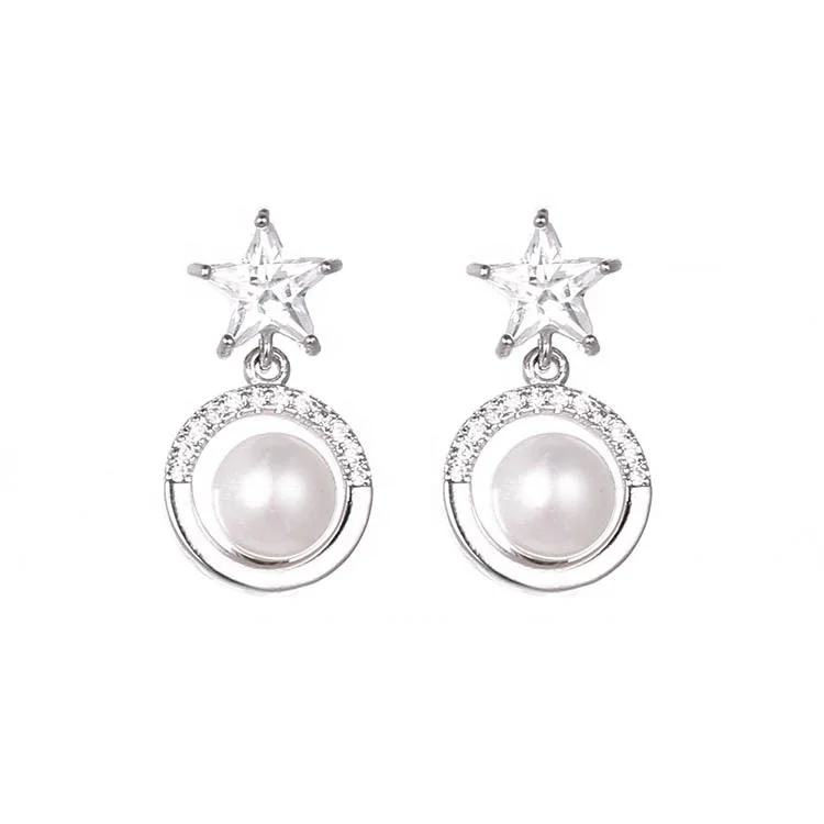 

Copper Alloy Material Fashion Women Jewelry Star Pearl Earring, White, gold