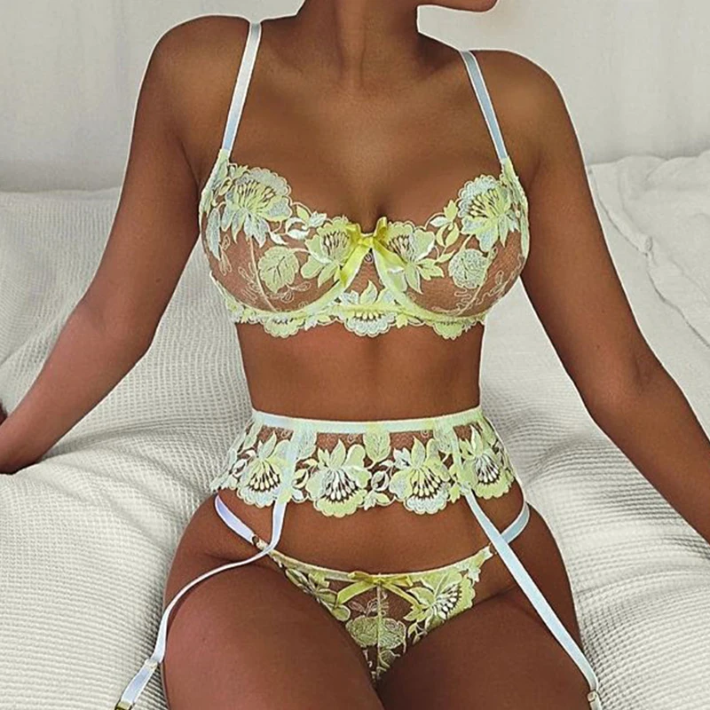 

Women Underwear Lace Lingerie 3pcs Open Cup See Through Thong Floral Embroidery Underwear Transparent Bra and Panty Set #0564