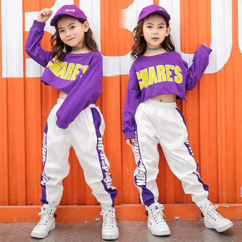 

Children Cool Hip Hop Clothing Sweatshirt Crop Top Long Sleeve Shirt White Jogger Streetwear Pants for Girls Jazz Dance Clothes