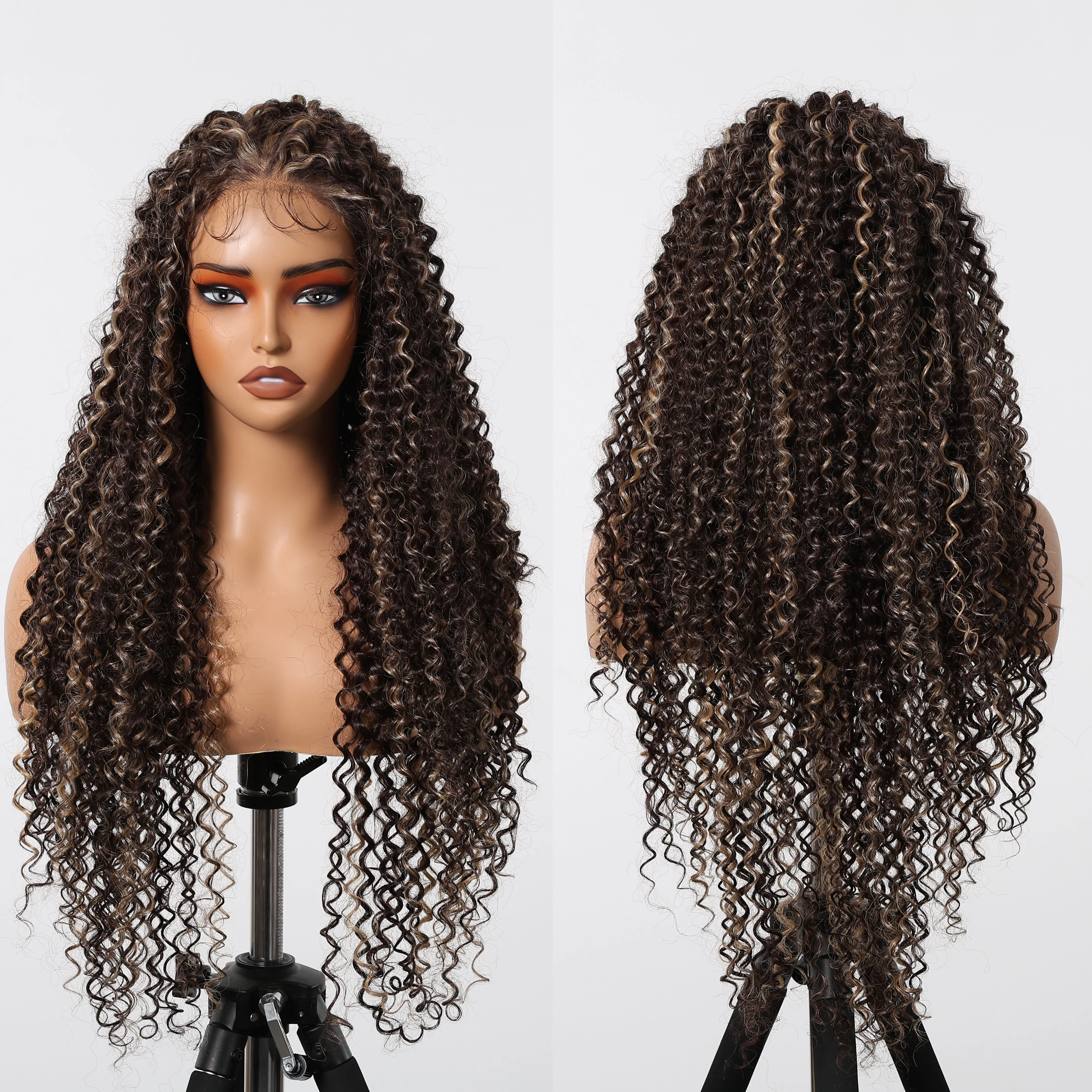 Long13x6 Lace Synthetic Wigs Dark Brown Highlight Curly Wig for Black Women Natural High Density Daily Use