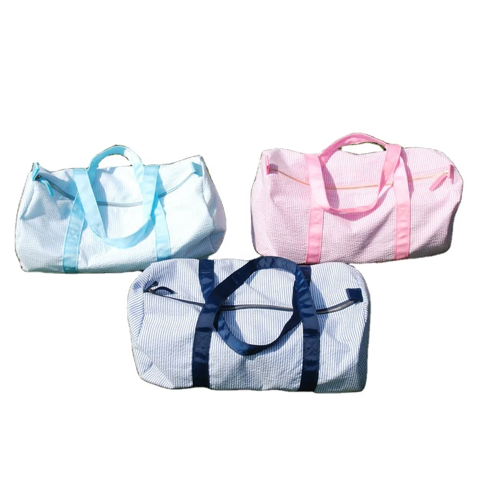 

Wholesale Seersucker Monogram Pink Navy Gray Mulcolorful Duffle Bag Cotton Kid's Barrel Bag DOM-1141494