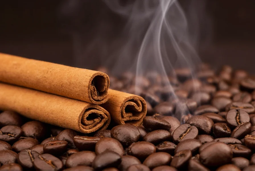 Close-up of Ceylon cinnamon sticks next to coffee beans with steam rising