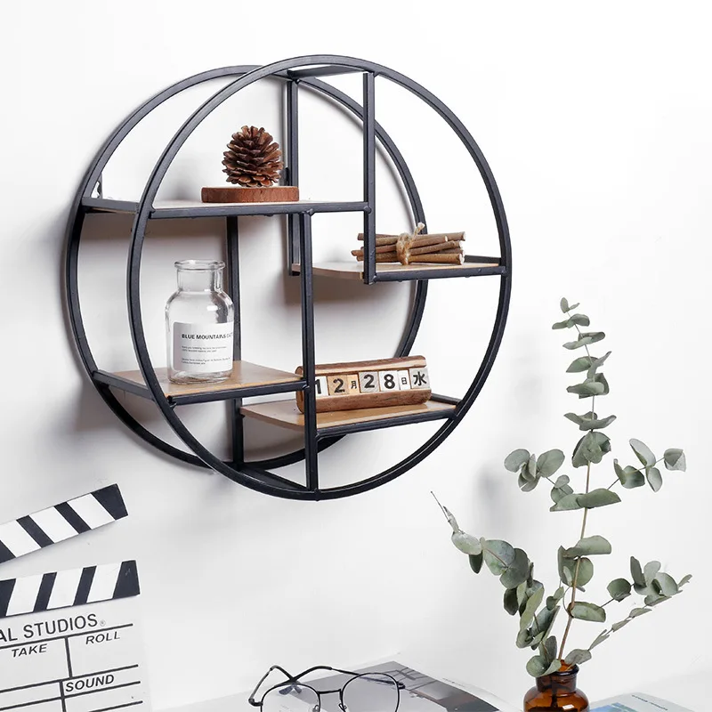

Chinese Style Living Room Wall Hanging Racks Wrought Iron Solid Wood Partition Round Decorative Shelf Storage Rack Wall Hanging