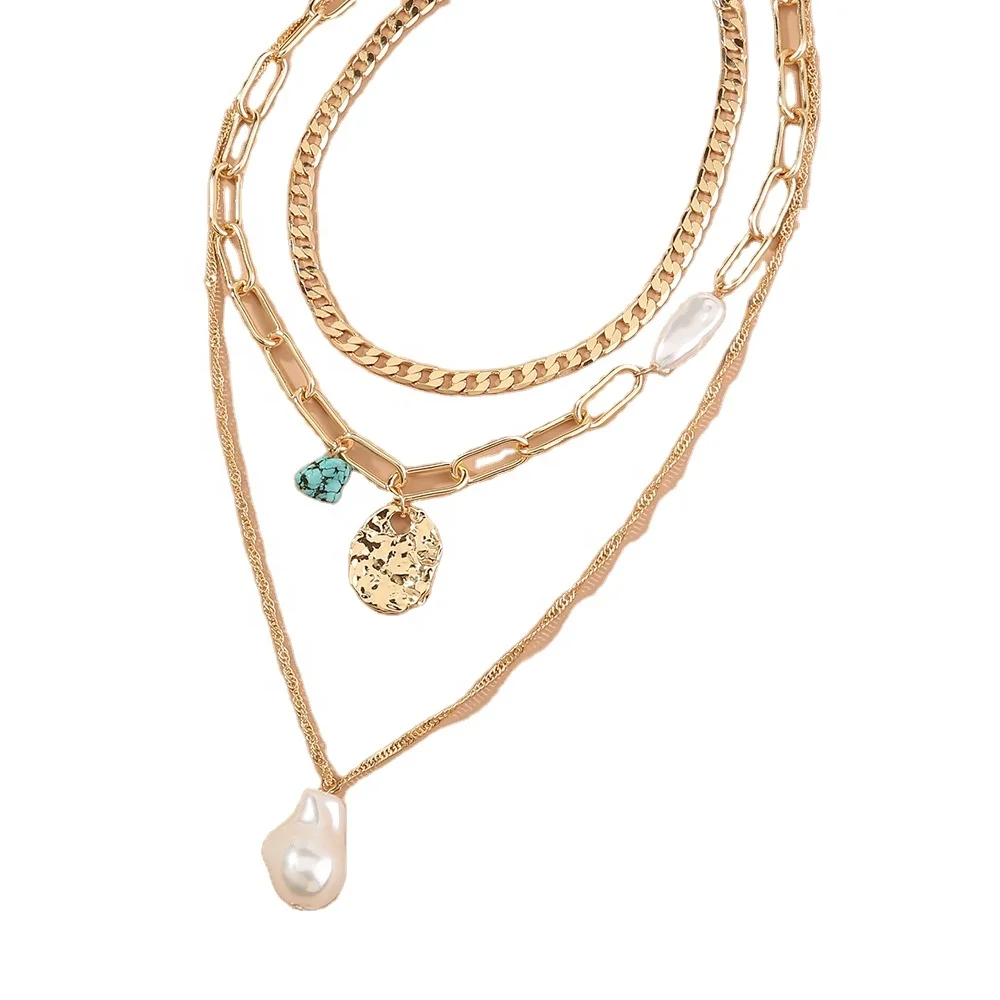 

Gold Multilayer Pearl Pendant Necklace Jewelry European and American Style Retro Necklace