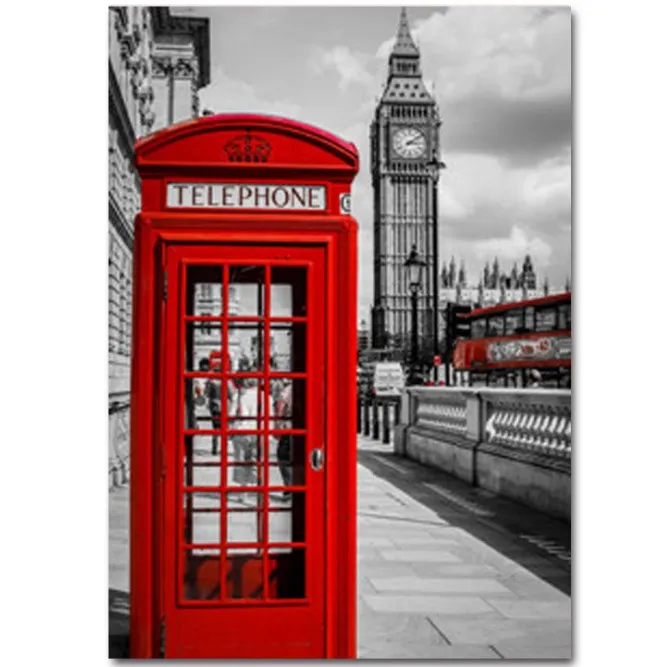 

London Street Telephone Booth Canvas Artwork Modern City White and Black Background Art Painting