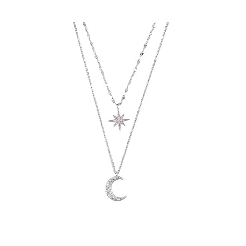 

ENSHIR 2020 Women Fashion Moon Star Zircon Charm Choker Double Layered Necklaces for Womens