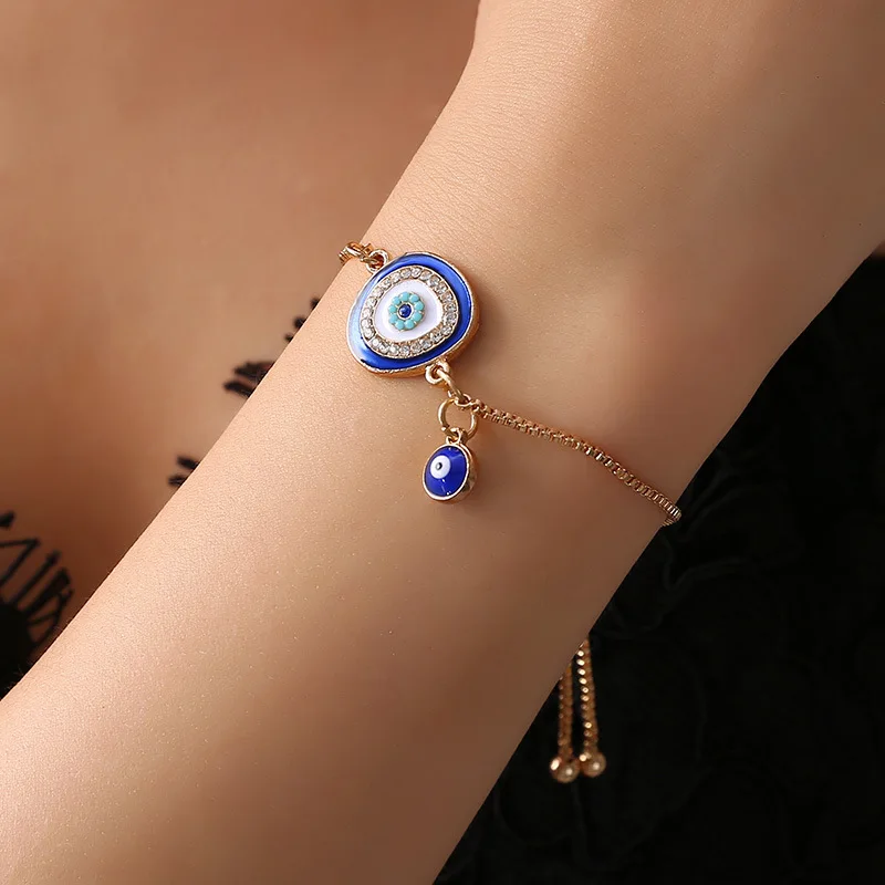 

New Design Women Blue Evil Eyes Single layer Link Chain Bracelet Ajustable Zinc Alloy Bracelet With Eye, Dark blue/light blue