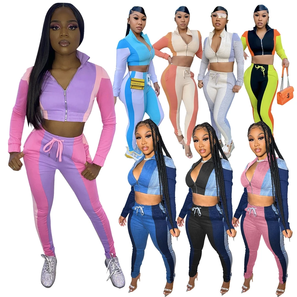 

EB-2009 Women Casual Workout Two Piece Set Fall Winter Clothing Outfits Women Crop Tops Coats Jackets 2 Piece Pant Sets Trousers