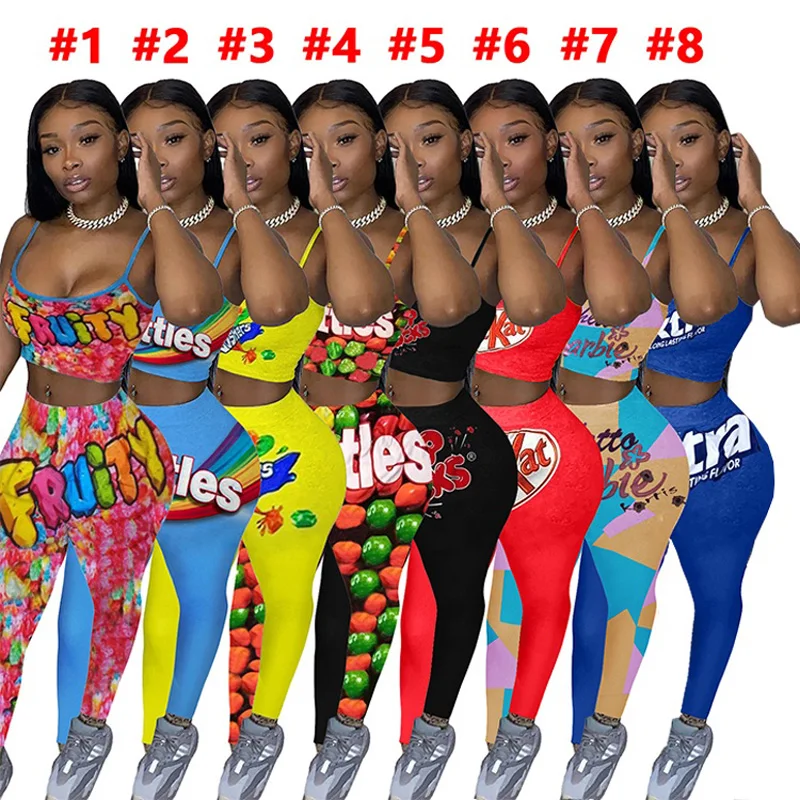 

Women Activewear Biker Tight Outfit Candy Legging Set 2 piece Skittle Two Piece Candy Set Snack Pants, Multicolor