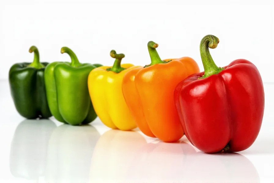 Close-up photograph showing different stages of pepper ripeness from green to red with corresponding heat level indicators