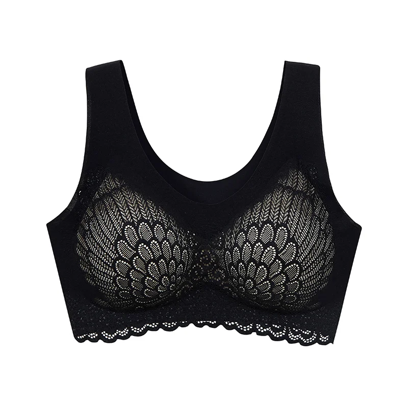

4.0# Women Non-trace seamless Fashion Sleep Underwear Vest Stretch Wireless Sports Pure color Yoga Lace sleep bra