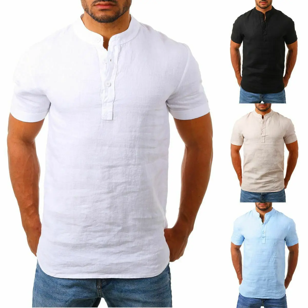 

Cross Border Youth Male Clothing Cheap Pulover Shits Plus Size Cotton Linen Light Weight Stand Up Collar Button Up Shirt For Men, Picture color