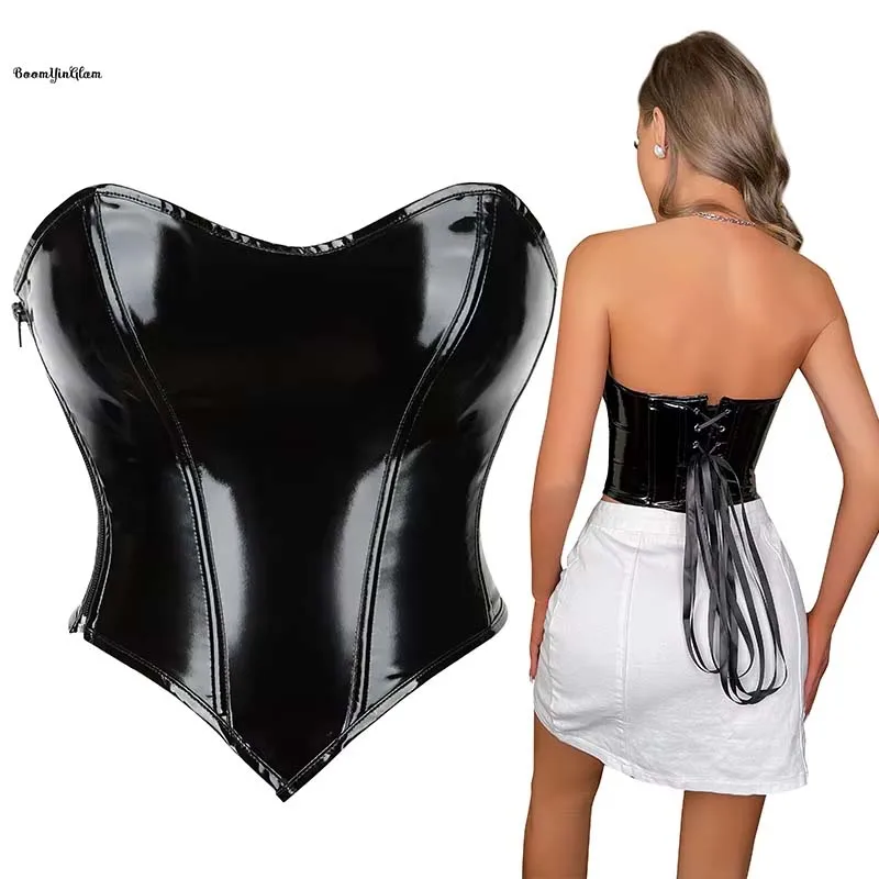 Lace up Boned Korsett Women Gothic Shapewear Zip up Invisible Bustier Crop Top Sexy Punk Corset Bra Leather Lingerie Plus Size