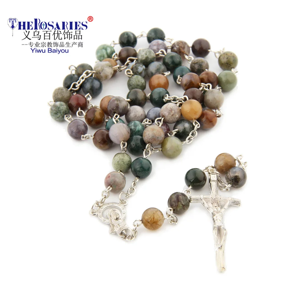 

Rosary Necklace India Agate Stone Cross Necklace Religious Catholic Christian Prayer Bead