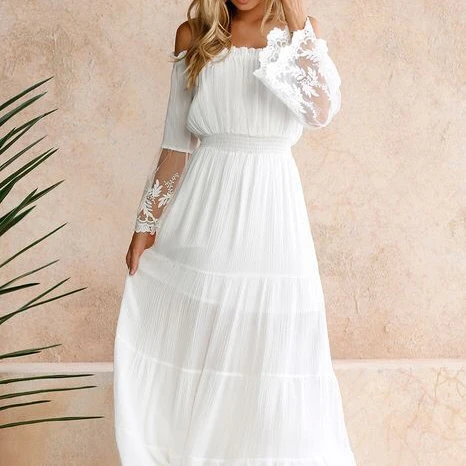 

New Design Ladies Dress Summer Women Long Sleeve Lace Floral Women Long Dresses, White