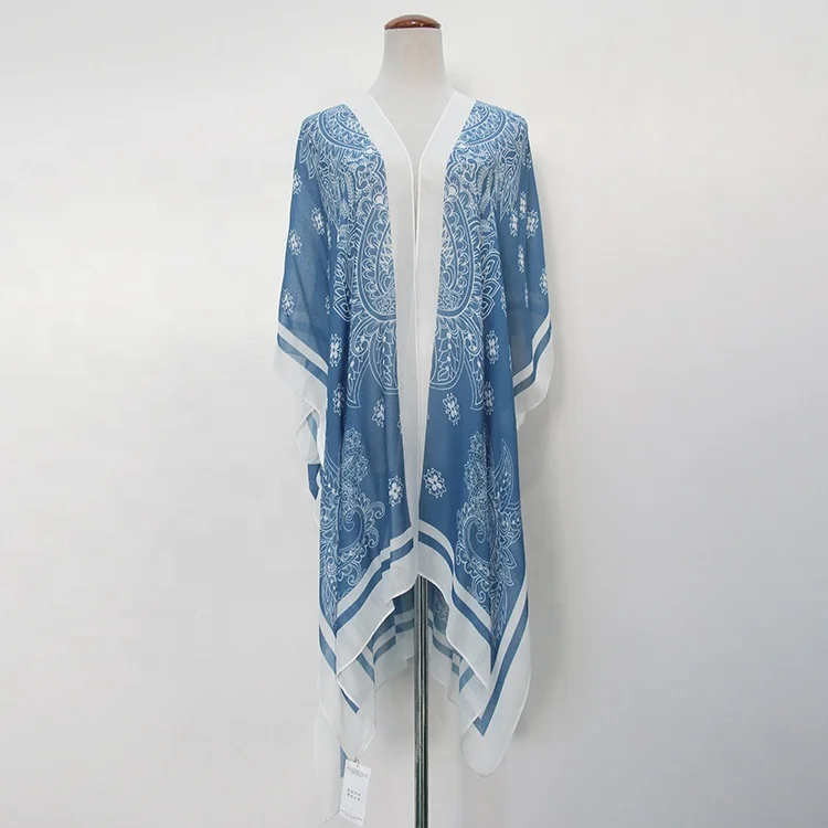 

2021 New Design Blue Pattern Summer Long Beach Women Kimonos, As picture