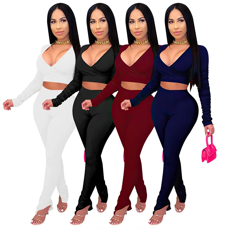 

2021 Hot Sale Solid Color Navel Long Sleeve Bodycon Woman Two Pieces Sets, Customized color