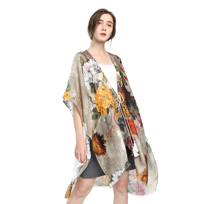 

AOKO 2021 New Arrivals Fashion Women Short Sleeve Waist Drawstring Shawls Loose Cardigan Floral Printed Cover Up Beachwear, Picture show