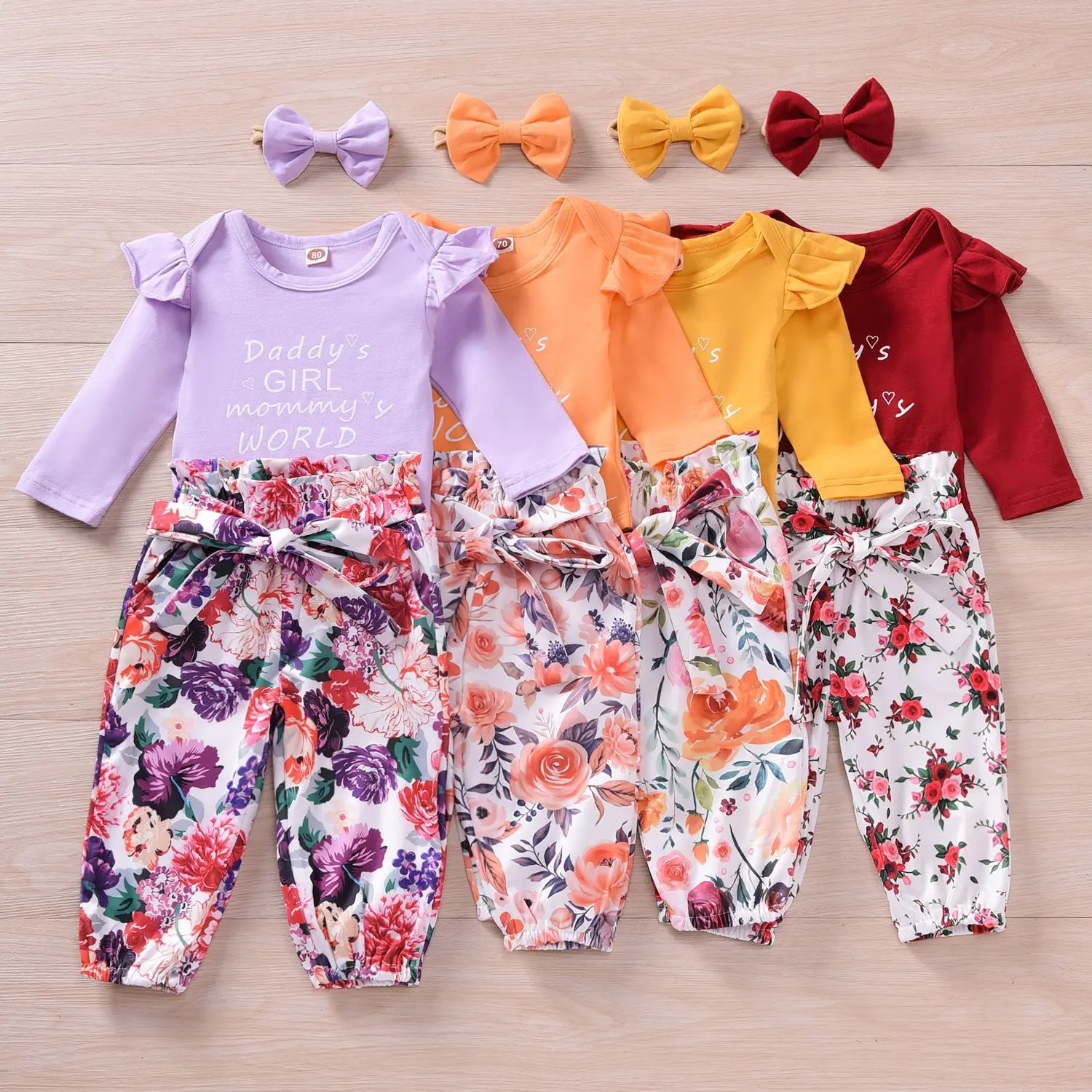 

3Pcs Baby Girl Outfit Set Newborn Toddler Girls Clothes Ruffle Flower Print Long Sleeve Romper Bodysuit +Pants+Headband Infant, White