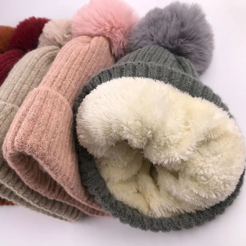 

High Quality Winter Warmth Hats Thick Woolen Knitted Women Hat Winter Beanie Hats With Pom