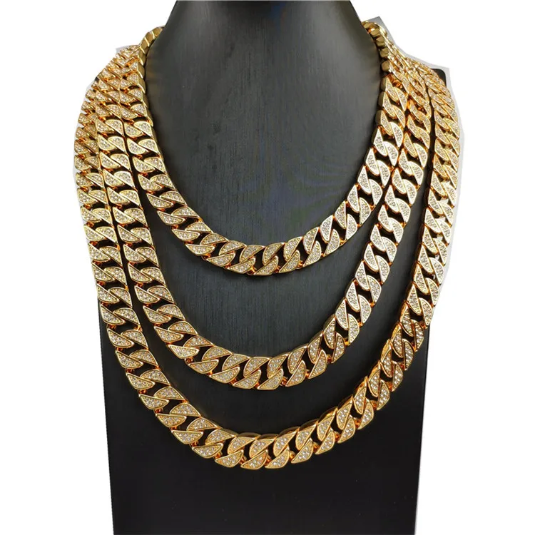 

Special offer high quality European and American hip-hop domineering stainless steel 12mm full diamond large gold chain, Silver, gold
