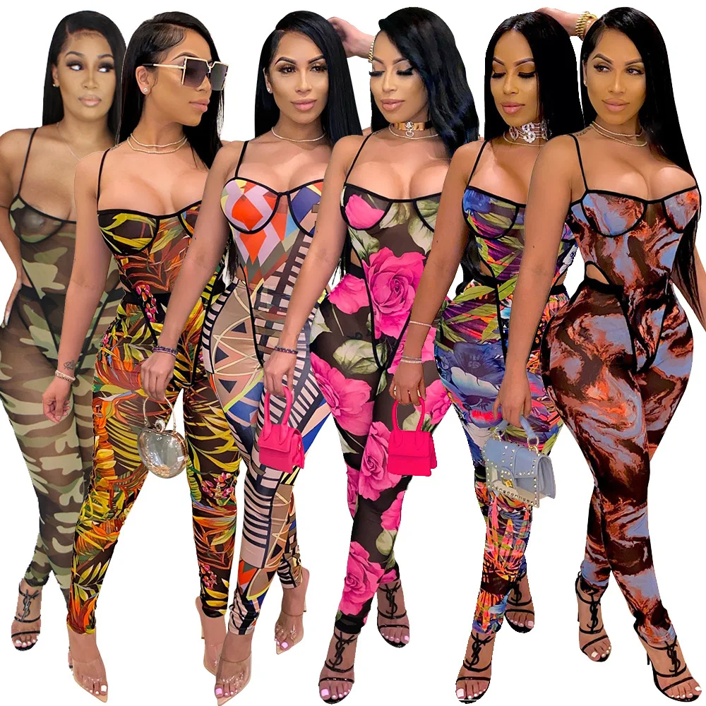 

Hot sale summer 2021 fashion casual halter strapless jumpsuit with camo floral print two-piece set for women clothing, As picture