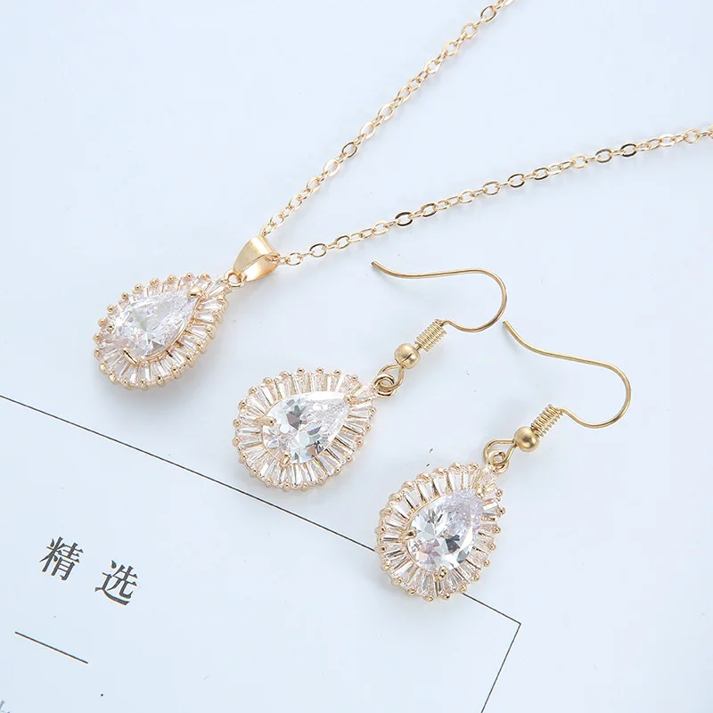 

18k Gold Plated CZ Crsyatl Water Drop Earrings Necklace Cubic Zirconia Teardrop Wedding Jewelry Set