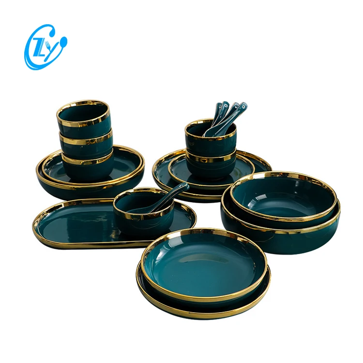 

Luxury Golden Rimmed Dark Green Ceramic Dinner Plates Sets Elegance Bone China Dish Gift Set