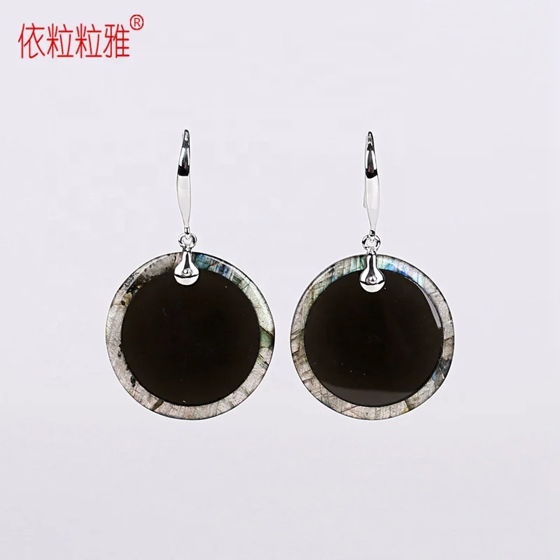 

Gemstone Jewelry Labradorite And Obsidian Intarsia Circular Pendant Inlay S925 Silver Earrings