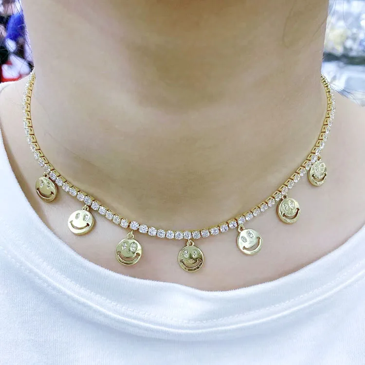 

NZ1191 Gold Diamond Bling Iced CZ Smiley Happy Face Dangle Charms Tennis Rhinestone Tennis Choker Necklace