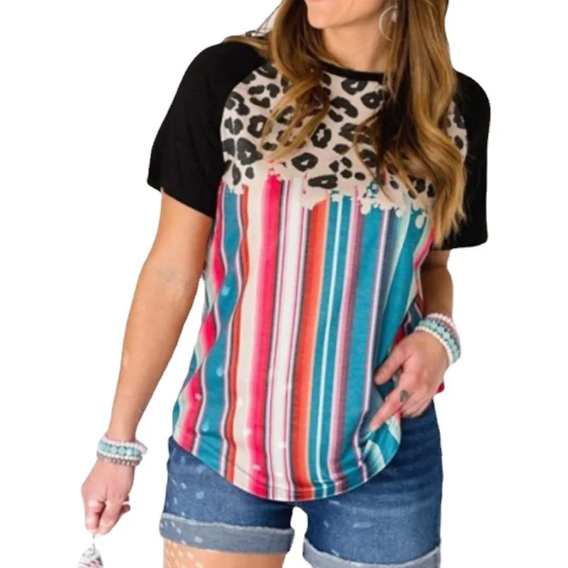 

Casual Western Style BohoT-shirt Short Sleeve O neck Aztec Serape Print Top Colorful Stripes leopard Print Stitching T-shirt Tee