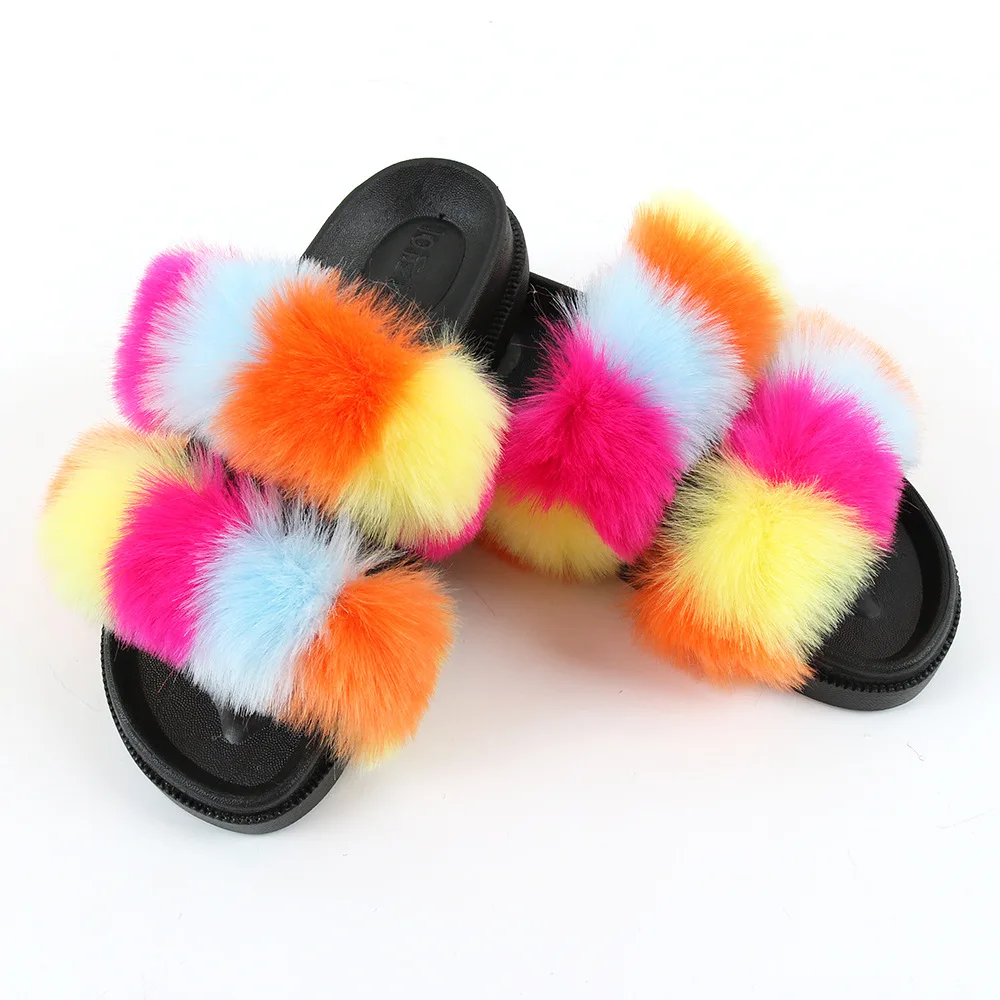 

2020 Multicolorful Furry Slide Sandals With Two Straps Slippers Platform Plush Thick Sole Summer Flat Woman's Fuzzy Slippers, As photos