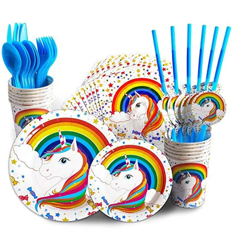 

Disposable Tableware Set Theme Paper Rainbow Unicorn Cartoon Birthdar Event Party for Kids Party Decoration 10 Sets Opp Bag 520g, Colorful