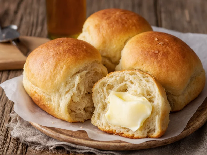 Homemade rolls served with butter and honey on rustic table