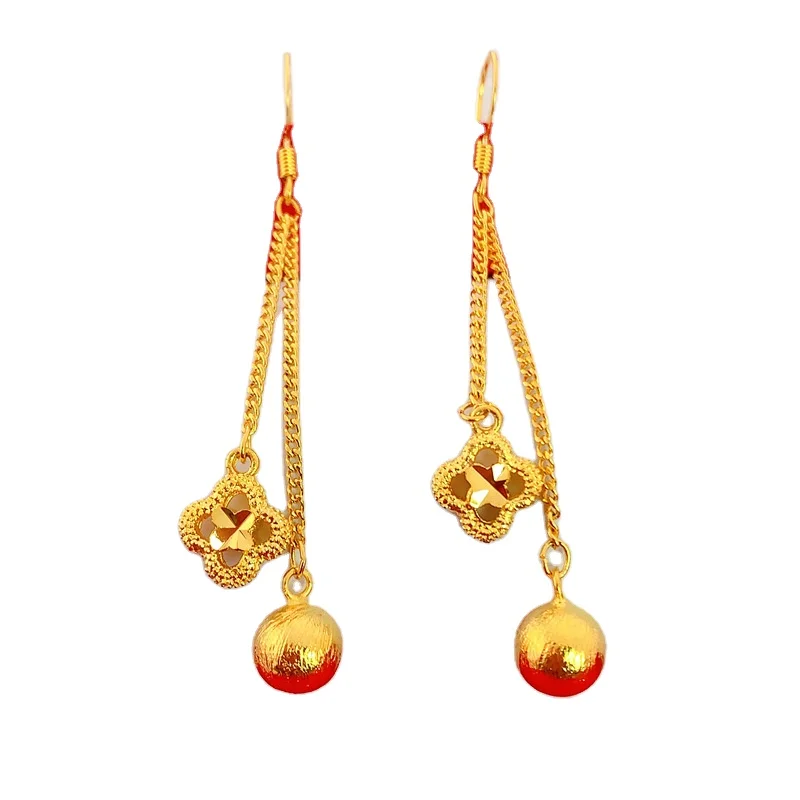 

Wholesale Copper Plated 24K Real Gold Flower Long Women'S Earrings Cross Border Vietnam Sand Gold Round Beads Tassel Earrings