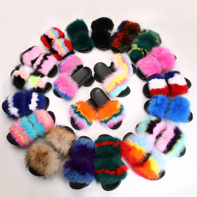 

fur slides for women REAL BIG FURRY slippers flush soft raccoon outdoor slider sandals fox fur slipper