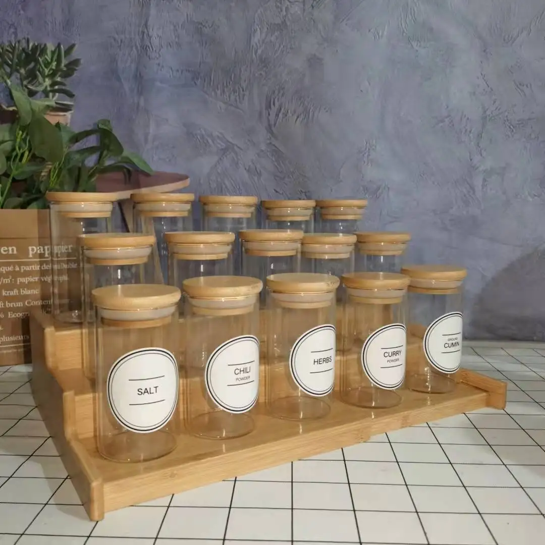 

2021 hot sell borosilicate kitchen storage glass jar set spice container bottles with bamboo lid, Transparent