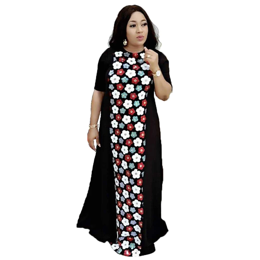 

African Traditional Muslim Abaya Clothing Women Plus Size Robe Embroidered Beads Long Boubou Dress, Black